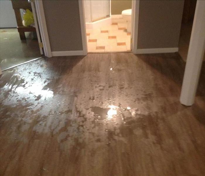 Wood floor with standing water on it.